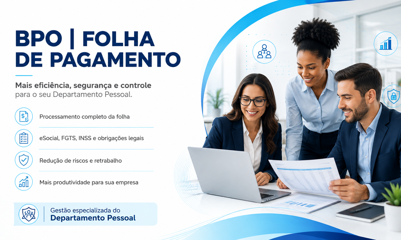BPO de folha de pagamento para empresas com gestão de departamento pessoal, folha, encargos e rotinas trabalhistas